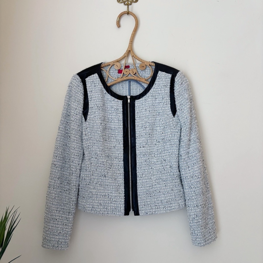 Hugo Boss Blue Boucle Zip Front Faux Leather Trim Jacket Sz 8